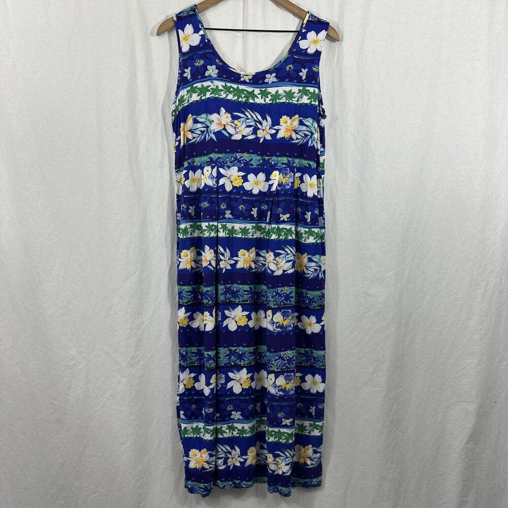Jams World Blue Floral Sleeveless Tropical Hawaiian Maxi Dress Womens M Resort